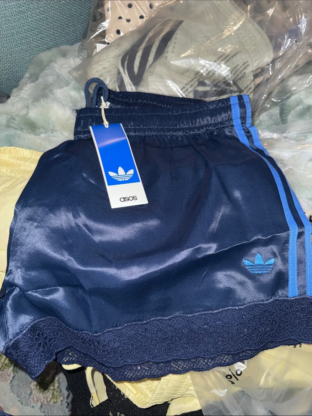 NWT Adidas Navy Blue Satin Athletic Shorts with Lace Trim - Picture 7 of 10